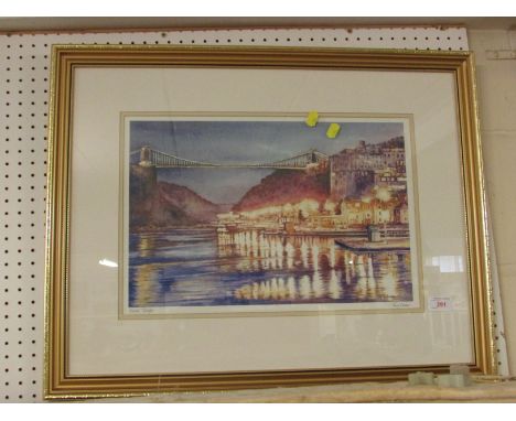 FRAMED AND GLAZED COLOURED PRINT TITLED BRISTOL TWILIGHT AFTER TERRY BEVAN.