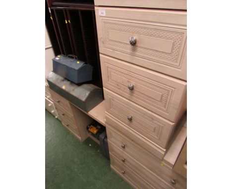 ALSTONS LIGHT WOOD EFFECT BEDROOM SET - THREE-DRAWER DRESSING TABLE, THREE-DRAWER CHEST AND A THREE-DRAWER BEDSIDE CHEST.