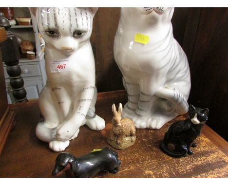 THREE CERAMIC CAT ORNAMENTS AND TWO OTHER ANIMAL FIGURINES.