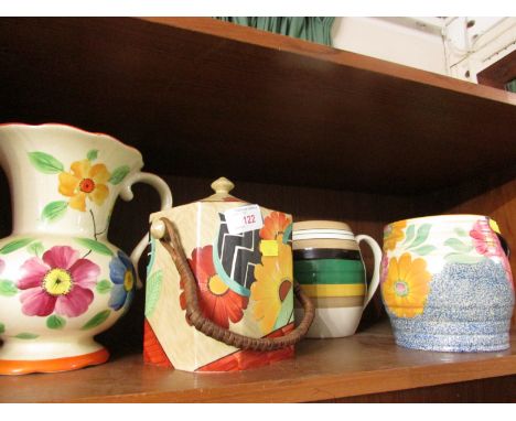 TWO CROWN DEVON POTTERY HAND-PAINTED BISCUIT BARRELS, TOGETHER WITH THREE CERAMIC JUGS.