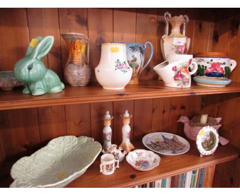 POTTERY AND CHINA INCLUDING SYLVAC JUG, POOLE POTTERY VASE, CRESTED WARE TYG AND OTHER ITEMS. (TWO SHELVES)