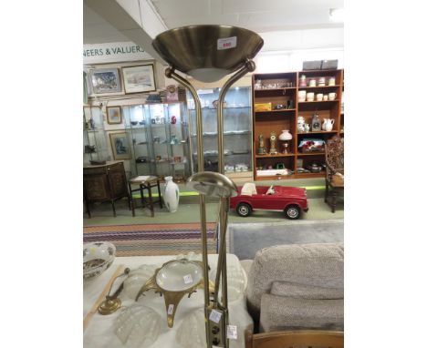 BRASS EFFECT FLOOR STANDING UP LIGHTER WITH DIRECTIONAL READING LAMP.