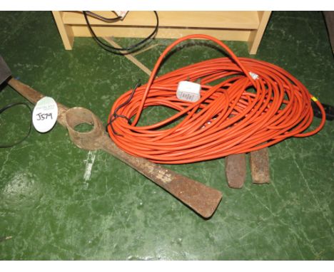 A PICK AXE HEAD, TO IRON WEDGES, AND AN EXTENSION LEAD