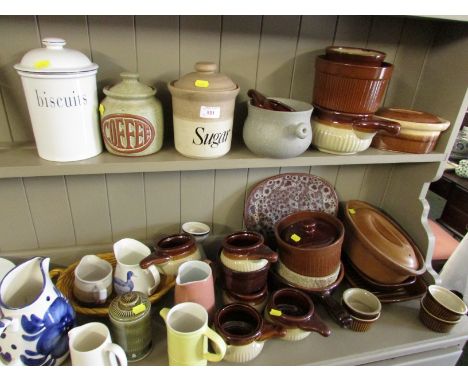STONEWARE AND POTTERY STORAGE JARS, CASSEROLE DISHES, JUGS AND OTHER CERAMIC ITEMS (TWO SHELVES)