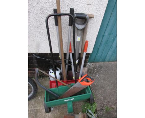 RECORD NO2 VICE, QUALCAST LAWNSPREADER, WEED SPRAYER AND GARDEN HAND TOOLS