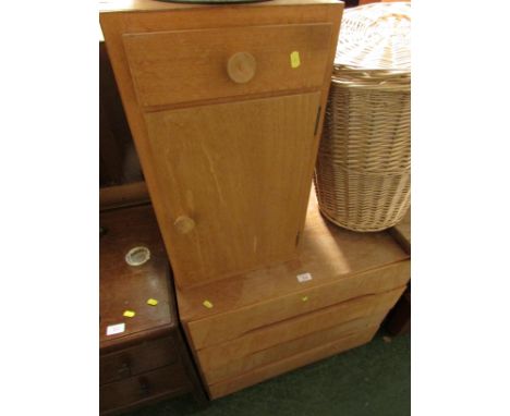 LIGHT WOOD VENEERED FOUR DRAWER CHEST, TOGETHER WITH A LIGHT WOOD VENEERED BEDSIDE CUPBOARD