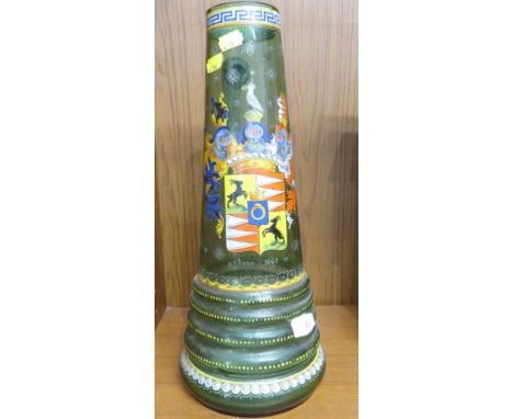 LARGE COLOURED GLASS PITCHER WITH HAND PAINTED COAT OF ARMS.