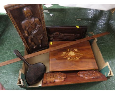 TREEN ITEMS INCLUDING BOOKS STAND , CARVED FIGURAL PATTERNS , YARD STICK, TOGETHER WITH HAND MIRROR.