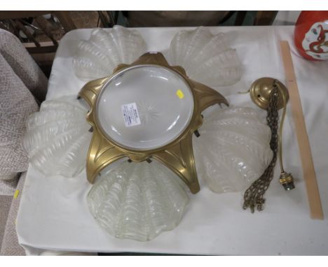 ART DECO STYLE BRASS CEILING LIGHT FITTING WITH CLAM SHELL GLASS INSERTS. (REQUIRES PROFESSIONAL INSTALLATION)