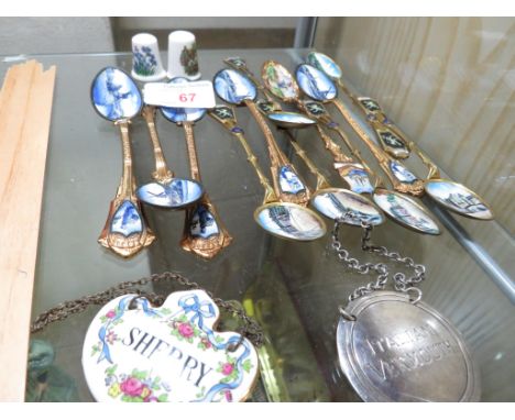 DECORATIVE ENAMEL TEASPOONS, DECANTER LABELS AND TWO PORCELAIN THIMBLES