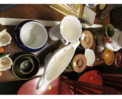 SADLER POTTERY CELERY JAR , PAIR OF HORNSEA SQUIRREL VASES, CHINA BEAR BISCUIT BARREL AND OTHER CERAMIC ITEMS.