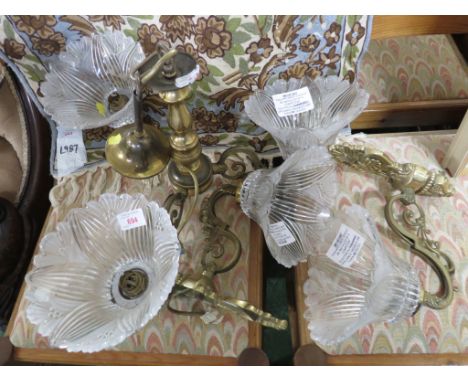 BRASS THREE BRANCH CEILING LIGHT FITTING , TOGETHER WITH A PAIR OF MATCHING WALL LIGHTS. (REQUIRES PROFESSIONAL INSTALLATION)