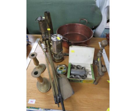LARGE COPPER PRESERVING PAN, TWO BRASS MINER'S LAMPS, BRASS FIRESIDE TOOLS, AND OTHER METAL WARE.
