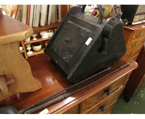 BLACK PAINTED COAL BOX WITH SCOOP, TOGETHER WITH TWO FIRE SIDE TOOLS.