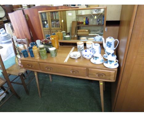 ERCOL LIGHT ELM THREE-DRAWER DRESSING TABLE ON SPLAYED LEGS WITH RECTANGULAR MIRROR