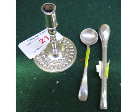 MINIATURE FOREIGN SILVER CANDLE STICK, SILVER SALT SPOON AND A SILVER CIGARETTE HOLDER.