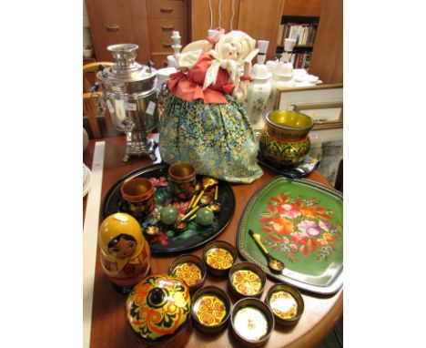 RUSSIAN INTEREST - LACQUERED TRAYS, CUPS AND BOWLS, A TEA URN ( ANTIQUE ITEM ONLY, DO NOT USE), TEA COSY AND SET OF NESTING B