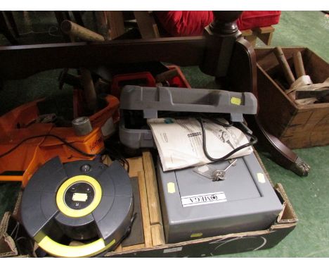 CASED DREMEL TOOL, WHEEL CLAMP, SMALL SAFE, TYRE INFLATOR , HAND TOOLS AND OTHER ITEMS.
