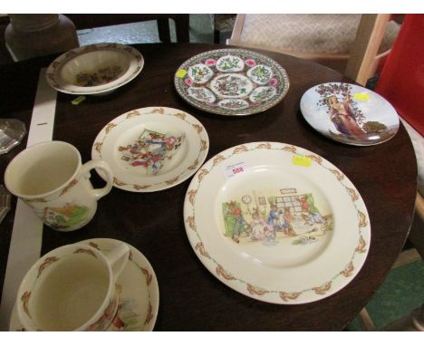 ROYAL DOULTON BUNNYKINS CUPS, PLATES AND BOWL, A POOLE POTTERY DISPLAY PLATE AND OTHER DECORATIVE PLATE
