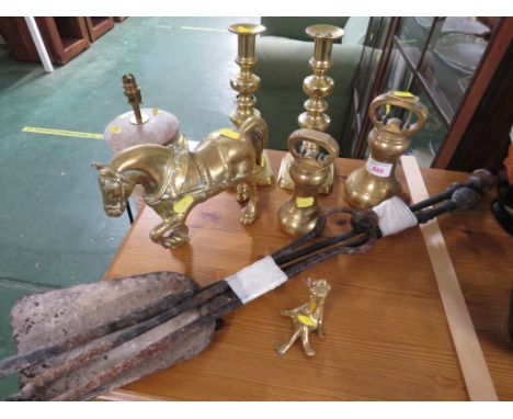 PAIR OF BRASS CANDLE STICKS , BRASS WEIGHTS AND FIGURINES , TOGETHER WITH IRON FIRE SIDE TOOLS.