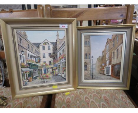 FRAMED OIL ON BOARD COURTYARD SHOPS, SIGNED H. PITCHER, TOGETHER WITH A FRAMED OIL ON BOARD LILLIPUT ALLEY BATH, SIGNED GEORG