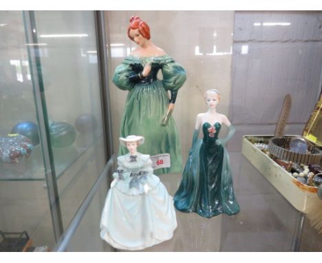 GOEBEL FIGURINE, DEMURE ELEGANCE 1835, COALPORT FIGURINE DEBUTANT FIGURE OF THE YEAR 1996, AND ONE OTHER FIGURINE.