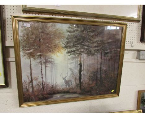 FRAMED AND GLAZED COLOURED PRINT OF STAG IN WOODLAND AFTER COULSON.