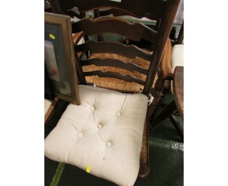 FIVE ELM LADDER BACK DINING CHAIRS (INCLUDING ONE CARVER) (TIE ON SEAT CUSHIONS FOR ILLUSTRATION PURPOSES ONLY)