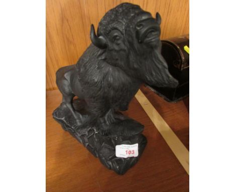 BLACK CERAMIC FIGURINE OF A BUFFALO MARKED PROVISION (C) MOLD 83