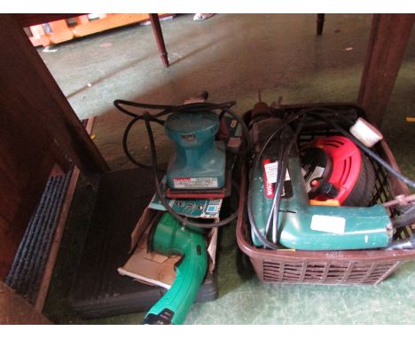 BOSCH ELECTRIC HAMMER DRILL, MAKITA SANDER, EXTENSION REEL AND OTHER HAND TOOLS.