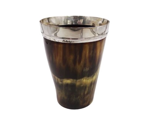 George III silver mounted horn cup, of tapering circular form, with polished exterior, the silver mounted collar hallmarked L