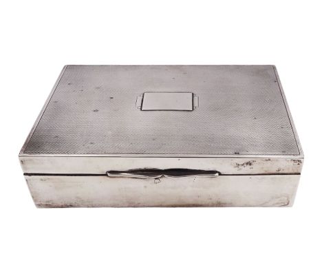 Mid 20th century silver mounted cigarette box, with engine turned decoration and blank rectangular cartouche to hinged lid, o