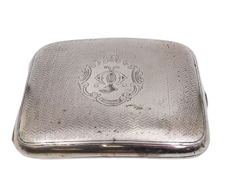 Edwardian silver cigarette case, of rectangular form with engine turned decoration throughout and engraved cartouche to front