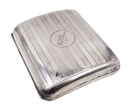 Early 20th century silver cigarette case, of rectangular form with rounded corners, with bands of engine turned decoration an