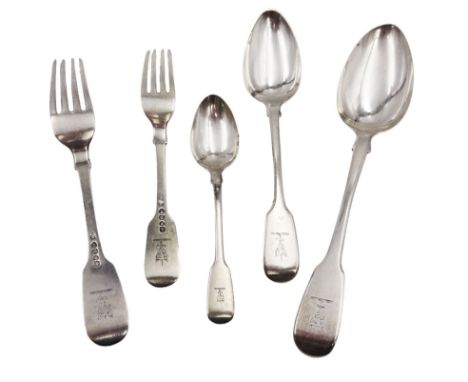 Victorian silver Fiddle pattern cutlery, comprising table spoons, dessert spoons, table forks, dessert forks and teaspoons, a