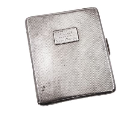 Mid 20th century silver cigarette case, with engine turned decoration and engraved rectangular cartouche, hallmarked Garrard 