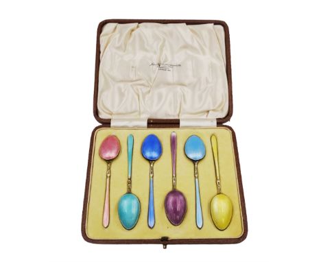 Set of six 1920s silver-gilt and harlequin enamel coffee spoons, each decorated in pastel guilloche enamel, hallmarked Willia