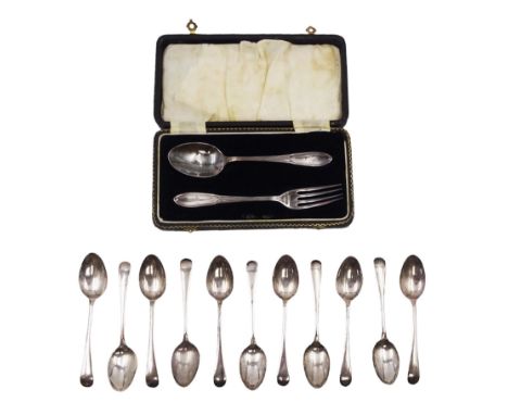 Set of eleven 1930s silver teaspoons, hallmarked Cooper Brothers & Sons, Sheffield 1939, together with a silver fork and spoo