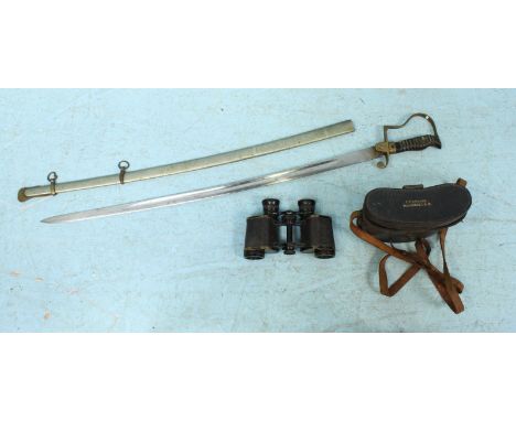 A 19th century infantry officers sword, with 28-inch fullered blade, brass ribbon knucklebow, scrolled Quillon and langet eng