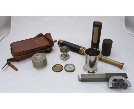 An early 20th C small three-drawer brass and leather-bound telescope with cardboard tube, together with a Kilpatrick & Co bub