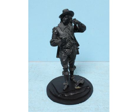 A 19th century painted spelter figure of a Cavalier, holding a flask, his sword at his side, on later wooden base.  (hat plum