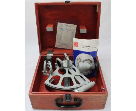 A 1970s German Drum Sextant, finished in grey enamel, in original fitted wooden box with instruction manual, vgc