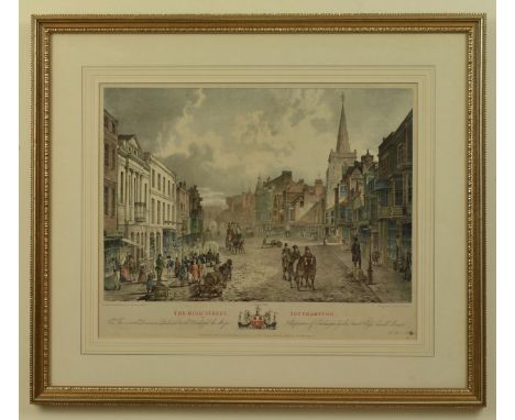 The High Street, Southampton. A hand coloured early 19th century lithograph depicting an animated scene, drawn by R. Scruton 