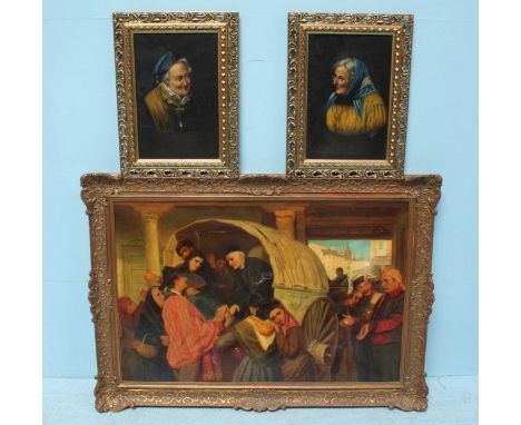 An early 20th century continental school study depicting a priest in a wagon, with people surrounding, together with a pair o
