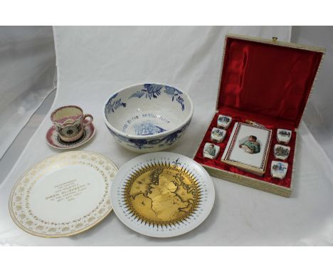 A 19th C pink Sunderland lustre moustache cup and saucer printed with a mariner's compass, together with a cased Limoges porc