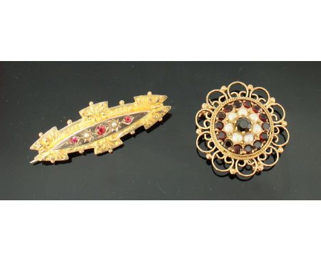 A Victorian 'style' 9ct gold, ruby and seed pearl brooch, together with a 9ct gold, garnet and seed pearl brooch of circular 