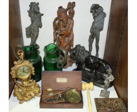 SECTION 26. An assortment of mixed collectables, including a pair of bronzed figural candlesticks, a pair of green glass jugs