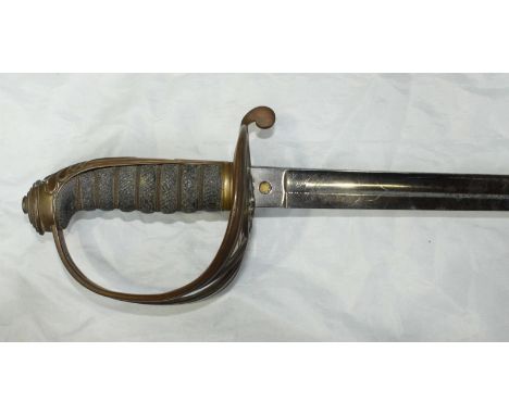 An 1845 / 1854 Pattern Infantry Officer's Sword, 32 and 3/4-inch fullered blade with etched Arabesque decoration, 'VR' cypher