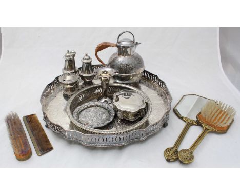 A silver-plated serving tray with raised pierced gallery, together with a Gurnsey cream jug, condiment set and guilloche enam