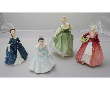 A group of four Royal Doulton ceramic figures of ladies, including 'Janet H.N.1537,' 'The Bridesmaid H.N.2196,' 'Debbie H.N.2